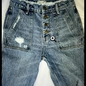 Evidnt High-Waisted Distressed Raw Hem Flare Denim Jeans with Button Fly Size 25